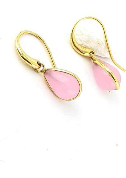 Pembe Taşlı 925AYAR Gümüş Üzerine Altın Kaplama Tasarım Damla Doğal Taş Küpe modelleri