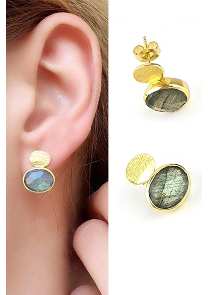 Labrodorite Taşlı 925AYAR Gümüş Üzerine Altın Kaplama Tasarım Doğal Taş Küpe