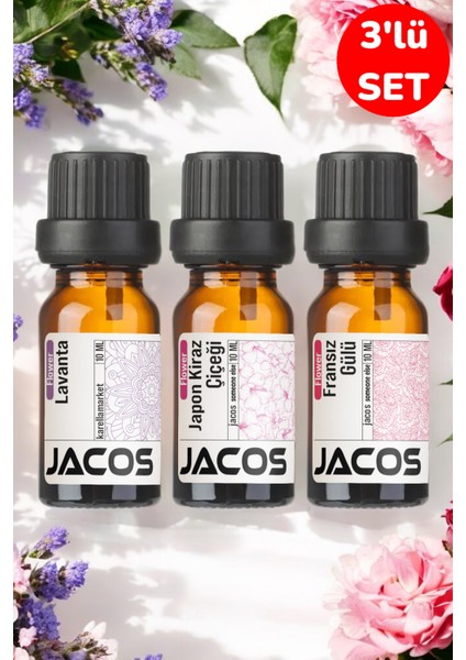 Lavanta,japon Kiraz,fransız Gülü Esansiyel Uçucu Yağı Difüzör Esansı Oda Kokusu 3'lü Set