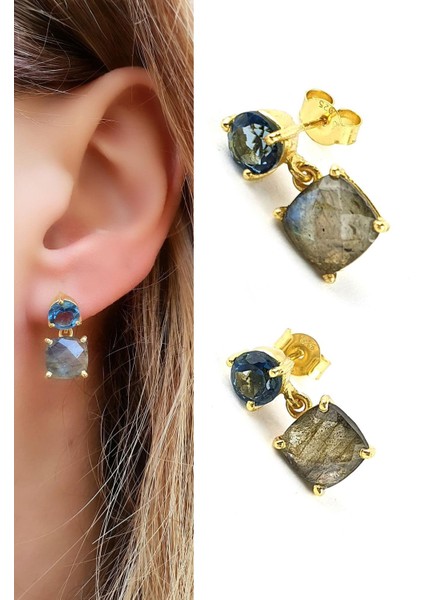 Aquamatin ve Labrodorite Taşlı 925AYAR Gümüş Üzerine Altın Kaplama Tasarım Doğal Taş Küpe