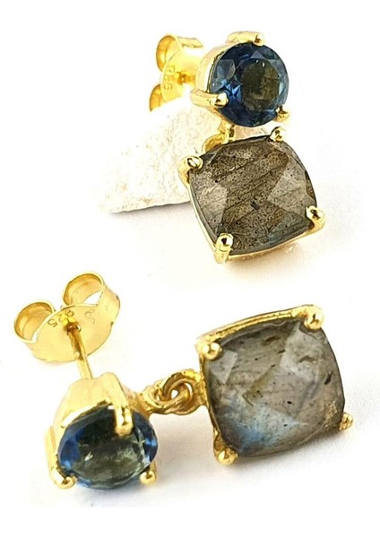 Aquamatin ve Labrodorite Taşlı 925AYAR Gümüş Üzerine Altın Kaplama Tasarım Doğal Taş Küpe modelleri