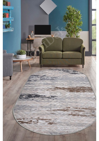 Halı GRI14 Karo Yıkanabilir Oval Kesme Ince Yolluk Kilim Salon Halısı Modelleri