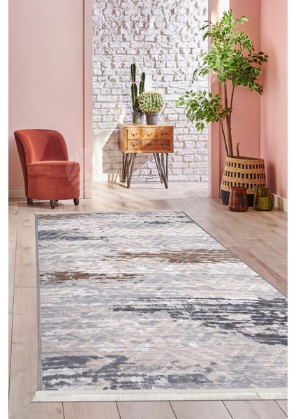 Halı GRI14 Karo Yıkanabilir Saçaklı Kesme Ince Yolluk Kilim Salon Halısı Modelleri