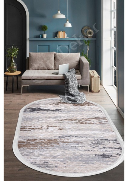 Halı GRI14 Karo Saçaklı Oval Kaymaz Kesme Ince Yolluk Kilim Salon Halısı Modelleri