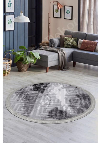 Halı Antrasit Karo Saçaklı Yuvarlak Kesme Ince Yolluk Kilim Salon Halısı Modelleri