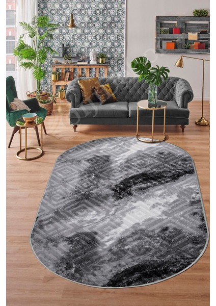 Halı Antrasit Karo Yıkanabilir Oval Kesme Ince Yolluk Kilim Salon Halısı Modelleri