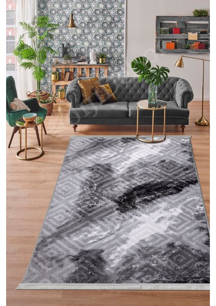 Halı Antrasit Karo Yıkanabilir Saçaklı Kesme Ince Yolluk Kilim Salon Halısı Modeli