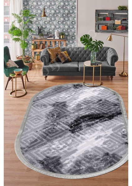 Halı Antrasit Karo Saçaklı Oval Kesme Ince Yolluk Kilim Salon Halısı Modelleri