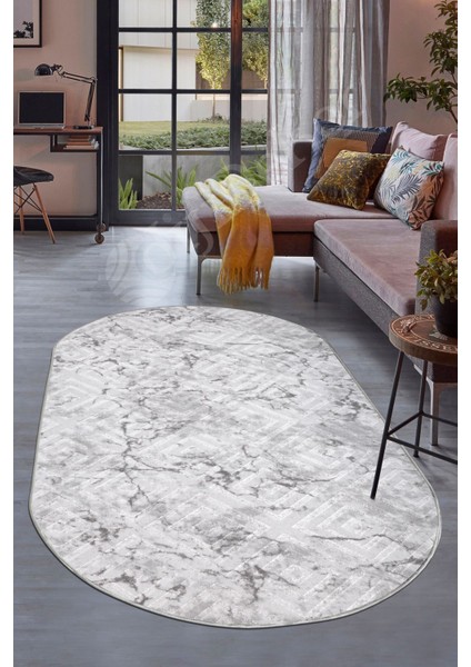 Diji Dekor Halı Gri Karo Yıkanabilir Saçaksız Oval Kesme Ince Yolluk Kilim Salon Halısı Modeli