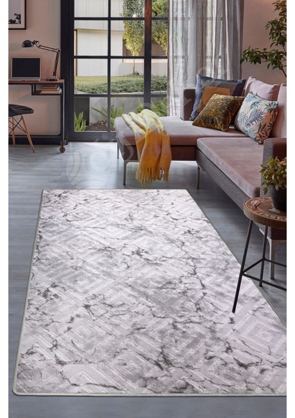 Diji Dekor Halı Gri Karo Yıkanabilir Saçaksız Kesme Ince Yolluk Kilim Salon Halısı Modelleri