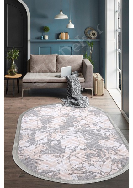 Halı Gri3 Karo Yıkanabilir Saçaklı Oval Kesme Ince Yolluk Kilim Salon Halısı Modeli