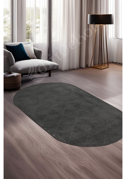 Halı Cool Antrasit Pramit Desenli Saçaksız Oval Kesme Yolluk Kilim Salon Halısı Modelleri