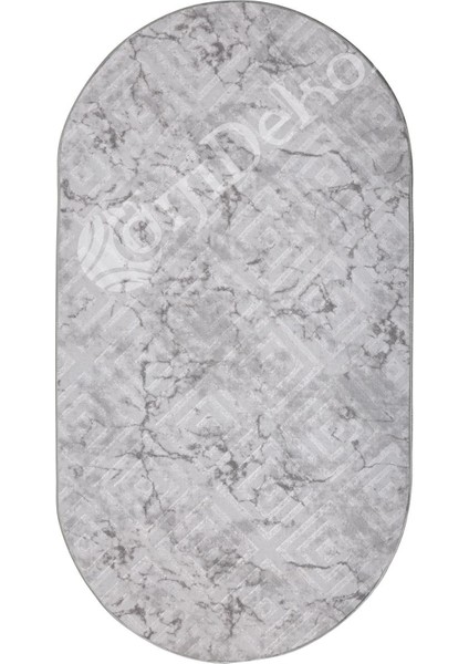 Halı Gri Karo Yıkanabilir Saçaksız Oval Kesme Ince Yolluk Kilim Salon Halısı Modeli