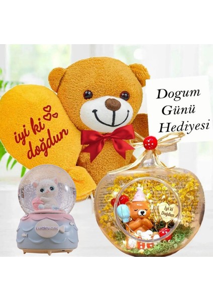 Doğum Günü Işıklı Teraryum & Iyiki Doğdun Balonlu Ayıcık & Lucky Cat Kedi Müzikli Işıklı Kar Küresi