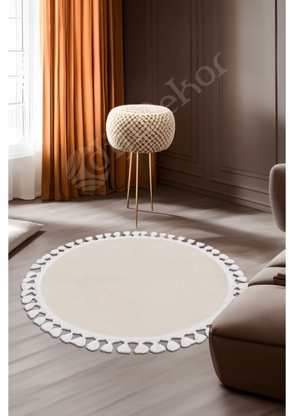 Halı Krem Pramit Desenli Saçaklı Yuvarlak Kesme Yolluk Kilim Salon Halısı Modelleri
