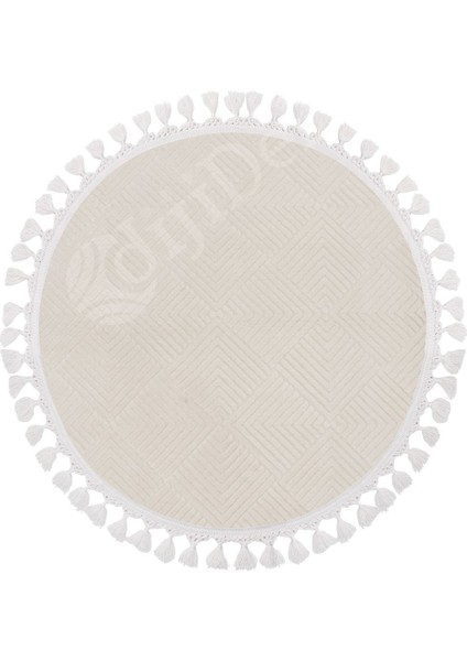Halı Krem Pramit Desenli Saçaklı Yuvarlak Kesme Yolluk Kilim Salon Halısı Modelleri