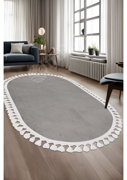 Halı Cool Gri Sahra Desenli Yıkanabilir Saçaklı Oval Yolluk Kilim Salon Halısı Modelleri