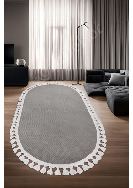 Halı Gri Pramit Desenli Yıkanabilir Saçaklı Oval Yolluk Kilim Salon Halısı Modelleri