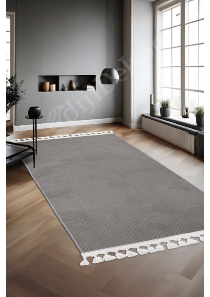 Halı Cool Gri Pramit Kaymaz Yıkanabilir Saçaklı Kaymaz Yolluk Salon Halısı Modelleri