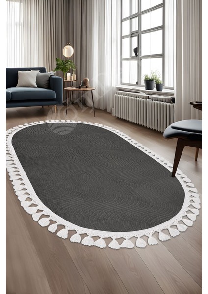 Diji Dekor Halı Antrasit Sahra Kaymaz Yıkanabilir Saçaklı Oval Yolluk Salon Halısı Modelleri