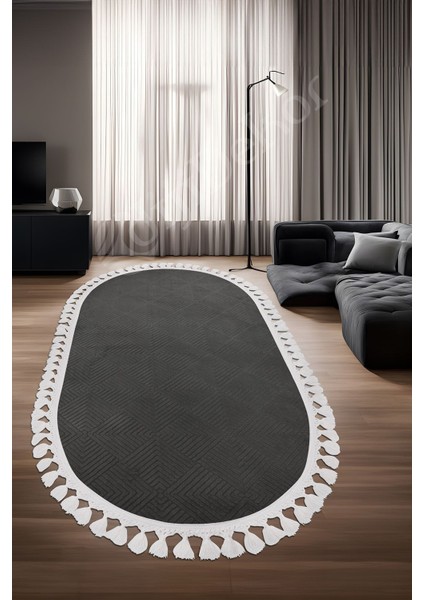 Halı Antrasit Pramit Desenli Saçaklı Oval Kesme Yolluk Kilim Salon Halısı Modelleri