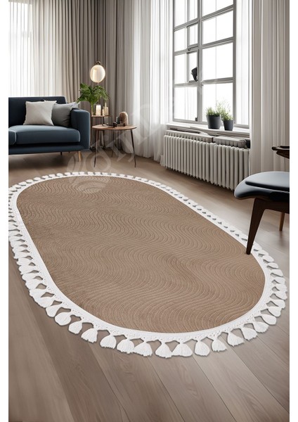 Halı Cool Kahverengi Sahra Desenli Saçaklı Oval Kesme Yolluk Kilim Salon Halısı Modelleri