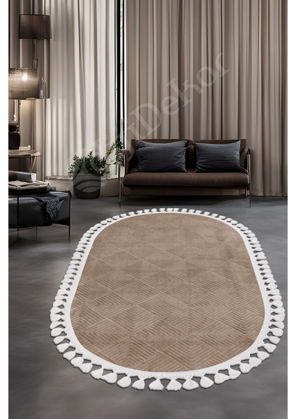 Halı Kahverengi Pramit Kaymaz Saçaklı Oval Kesme Yolluk Kilim Salon Halısı Modelleri