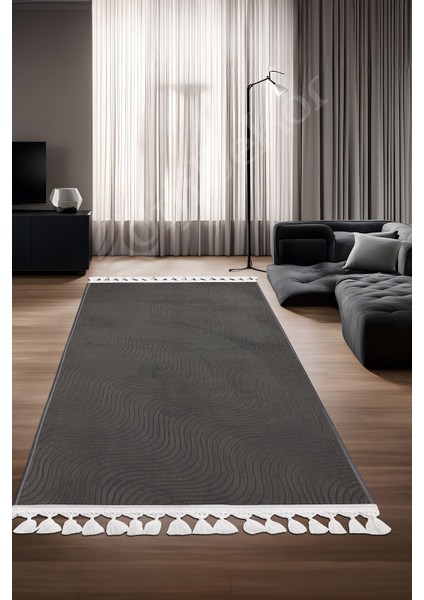 Diji Dekor Halı Antrasit Sahra Kaymaz Yıkanabilir Saçaklı Kare Yolluk Salon Halısı Modelleri