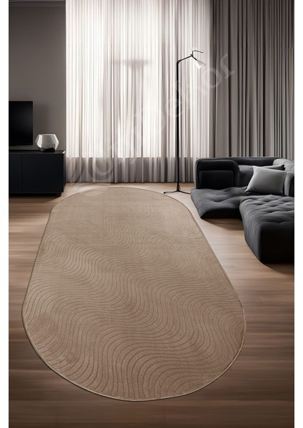 Diji Dekor Halı Cool Kahverengi Sahra Kaymaz Saçaksız Oval Kesme Yolluk Kilim Salon Halısı Modelleri