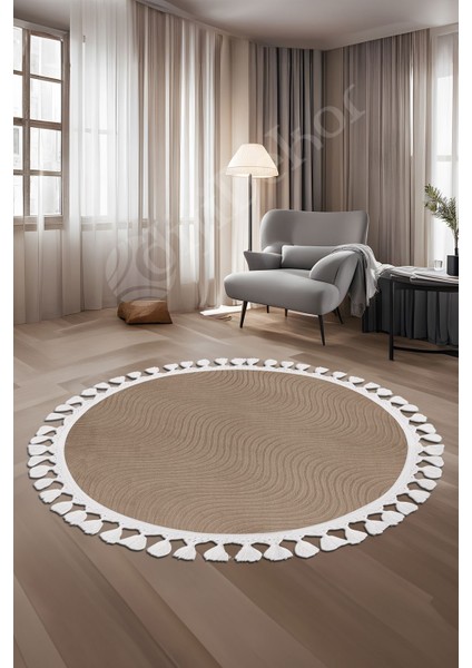 Halı Cool Kahve Sahra Desenli Saçaklı Yuvarlak Kesme Yolluk Kilim Salon Halısı Modelleri