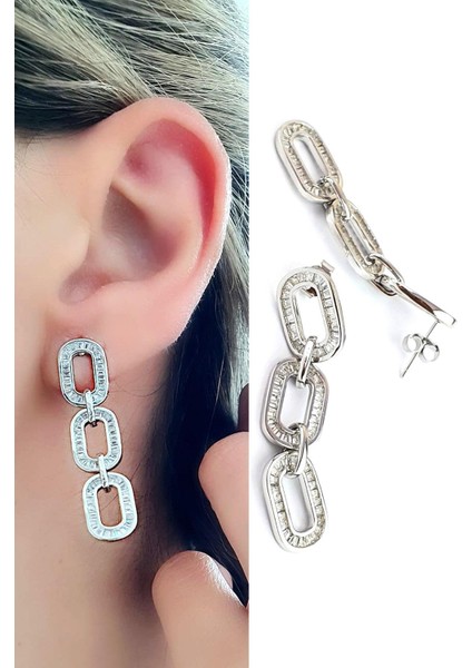 Baget Zirkon Taşlı 925 Ayar Gümüş Tasarım Şık Küpe