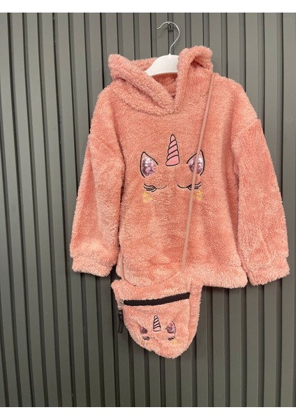 624431-ALG Peluş Nakışlı Çanta Aksesuarlı Hırka 3y,4y,5y,6y,7y Kız