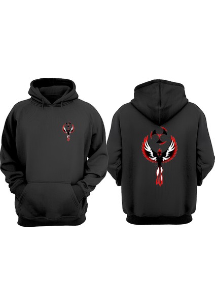Unisex Anka Kuşu ve Ninja Yıldızı Tasarım Ön Arka Baskılı Normal Kalıp Siyah Sweatshirt fiyatları