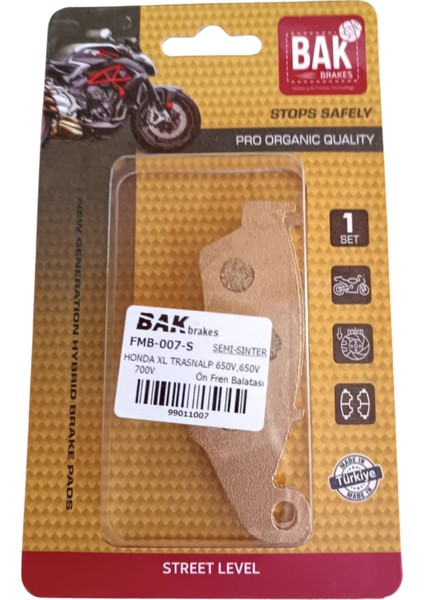 Bak Brakes FMB-007-S Honda Xl 650 Transalp, XL700 Transalp, Crf 250X,450R- Suzuki Drz 250,400,RM 250- Yamaha Yz 125,250,250F,250X,450F- Kawasaki Klx 300,450-APRILLA 450 Ön Fren Balatası Yarı Sinter