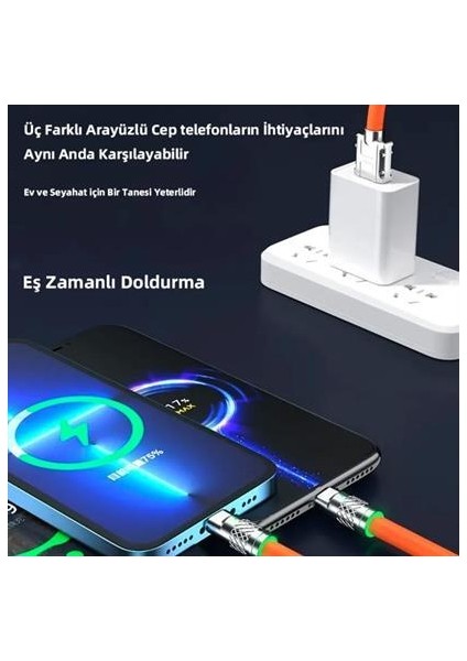 3 In 1 Type-C + Micro USB + Lightning Hızlı Şarj Kablosu Silikon Kablo 1 Metre Opp Ambalaj