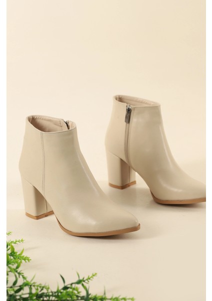 Bej Cilt Sivri Burun 6 cm Kalın Topuklu Şık Günlük Kadın Bot TMD202473 modelleri
