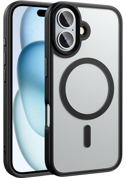 Apple iPhone 16 Plus Kılıf Mat Arka Yüzey Wireless Şarj Özellikli Flet Magsafe Kapak-Siyah