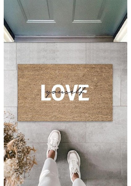 Beyaz Kapı Önü Paspası Yourself Love Desen K-3305