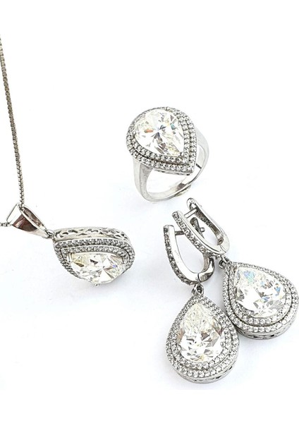 Sky Diamond Mozanit Taşlı 925AYAR Gümüş Üzerine Beyaz Altın Kaplama Damla Set Takım modelleri