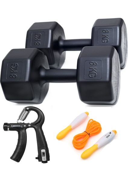 16 kg Dambıl Seti + Ayarlanabilir Atlama Ipi ve El Yayı (8 kg x 2 Adet Gönderim Yapılır)