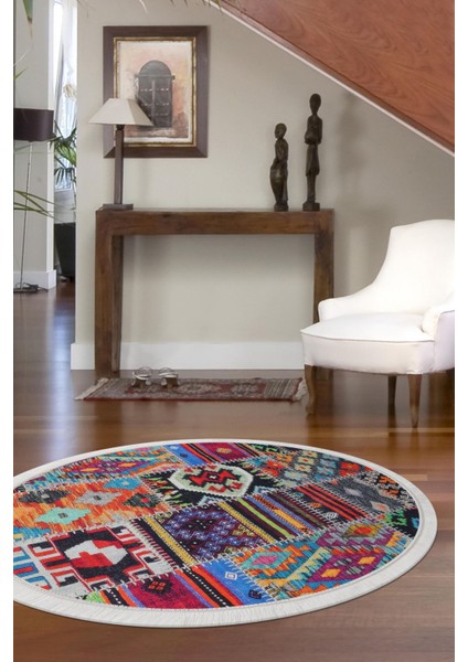 Halı Çok Renkli 9010 Saçaklı Yuvarlak Kesme Ince Yolluk Kilim Salon Halısı Modelleri