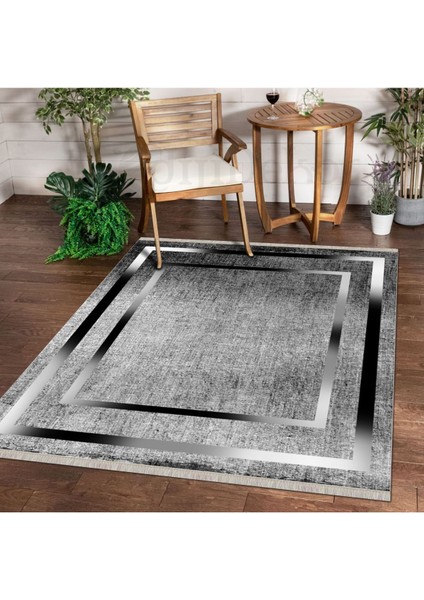 Halı Gri K0460 Yıkanabilir Saçaklı Ince Yolluk Kilim Salon Halısı Modelleri