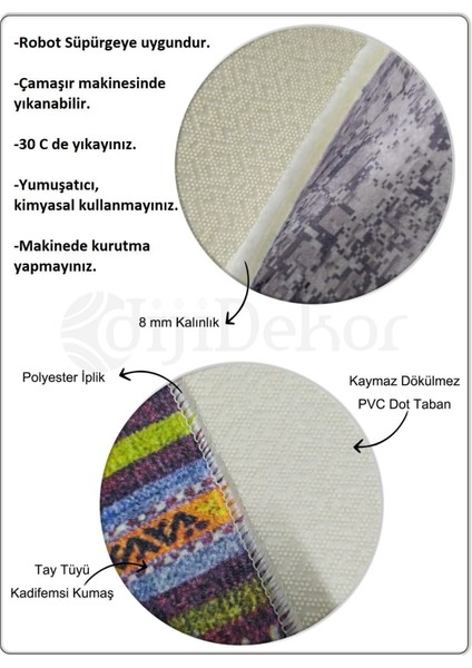 Halı Çok Renkli  K1270 Yıkanabilir Oval Kesme Ince Yolluk Kilim Salon Halısı Modeli