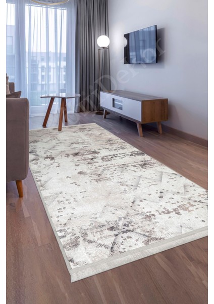 Halı Bej K1280 Yıkanabilir Saçaklı Kesme Ince Yolluk Kilim Salon Halısı Modelleri