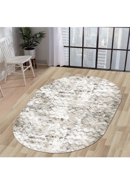 Halı Bej K1280 Yıkanabilir Saçaksız Oval Kesme Ince Yolluk Kilim Salon Halısı Modeli