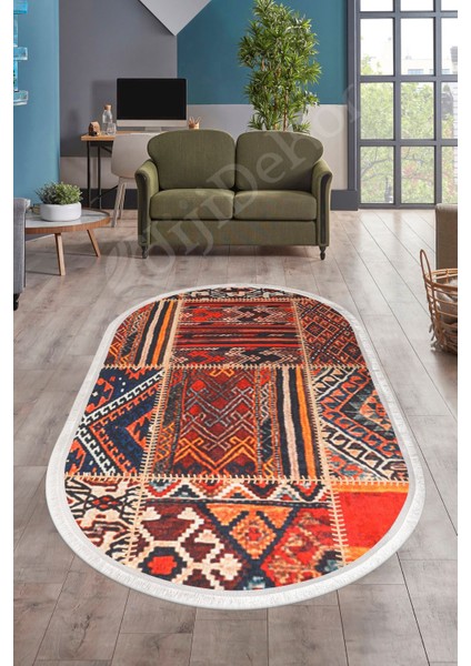 Halı Turuncu K1300 Saçaklı Oval Kesme Ince Yolluk Kilim Salon Halısı Modelleri