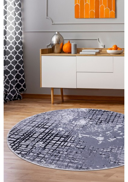 Halı Siyah 8881 Yıkanabilir Saçaksız Yuvarlak Kesme Ince Yolluk Kilim Salon Halısı Modeli