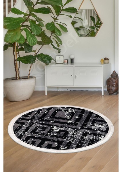 Halı Siyah K1320 Saçaklı Yuvarlak Kesme Ince Yolluk Kilim Salon Halısı Modelleri
