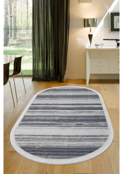 Halı Gri 9026 Yıkanabilir Saçaklı Oval Kesme Ince Yolluk Kilim Salon Halısı Modeli