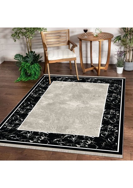 Halı Siyah K0560 Yıkanabilir Saçaklı Kesme Ince Yolluk Kilim Salon Halısı Modelleri